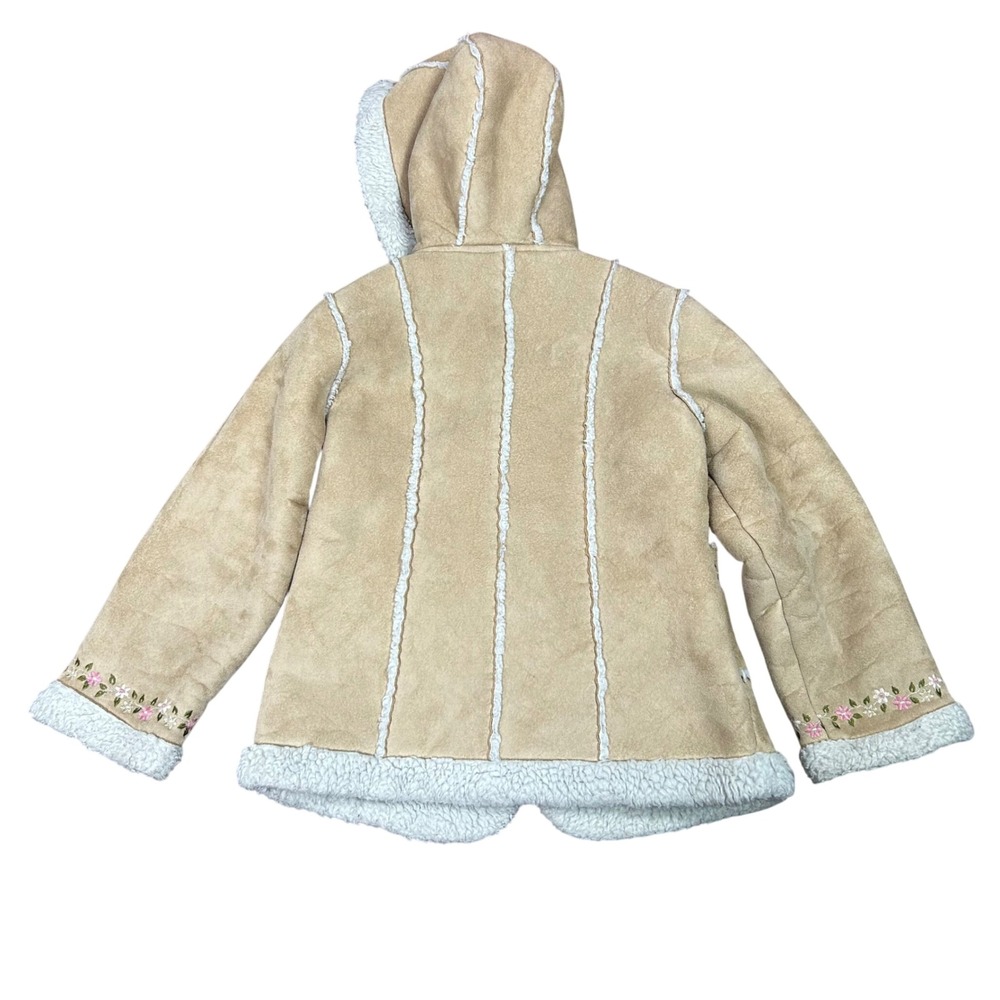 Girl's Hooded Penny Lane Coat Y2K Floral Embroidery Faux Suede Sherpa Lined Sz-6 - Picture 6 of 9